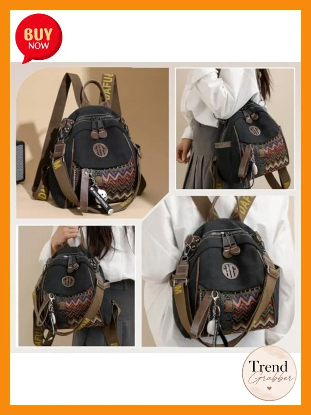 Canvas Backpack for Women Ethnic Embroidery 4-Way Carry Handbag Convertible
